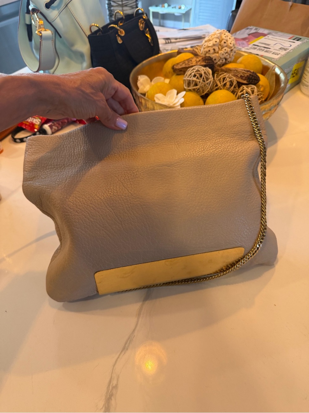 Jimmy Choo Pebbled Leather Clutch in Light Taupe with Gold Plate